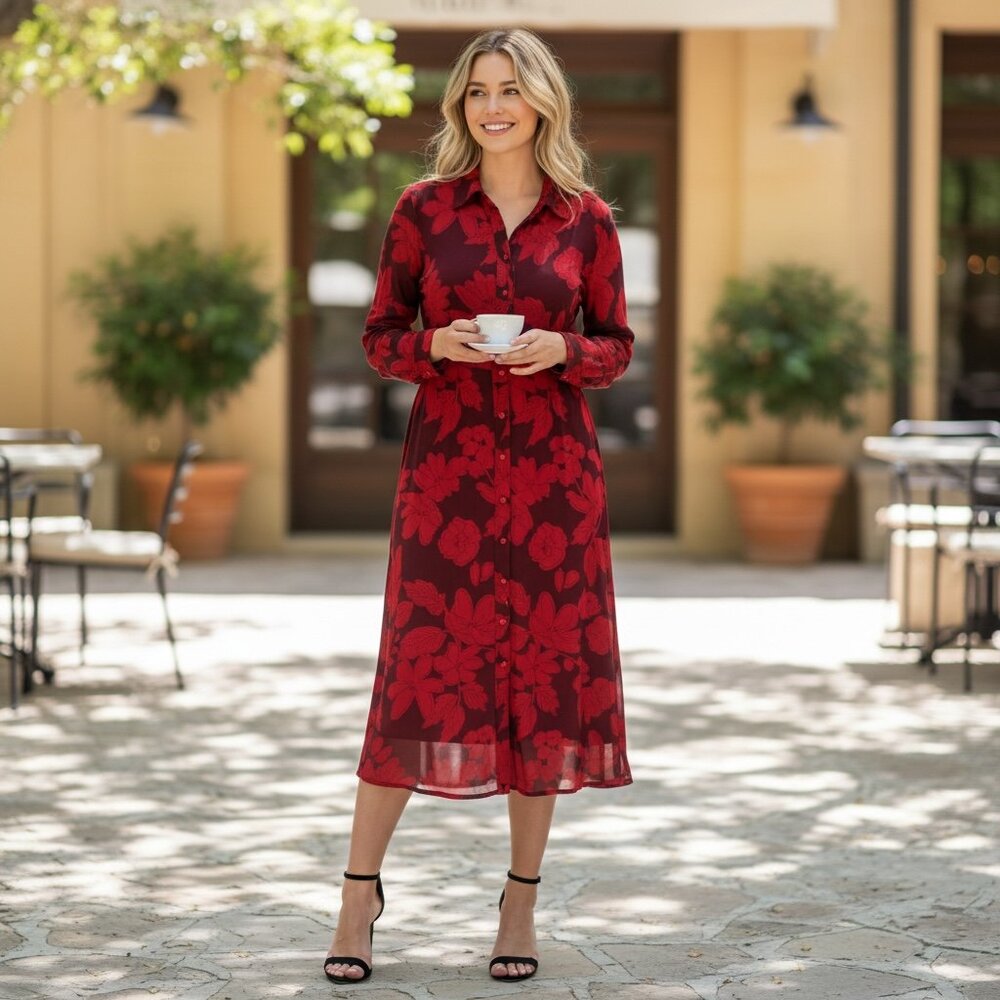 CAbi Stretchy Shirt Dress - Red and Burgundy Floral, Button Down, Long Sleeve